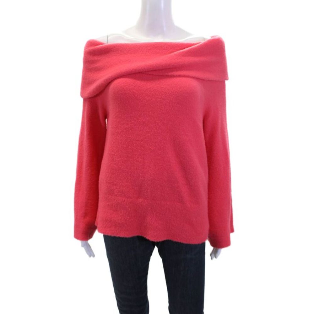Flat White Womens Long Sleeve Off The Shoulder Knit Sweater Pink Size M